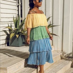 Yellow Green Blue Stripes Ruffle Tier Midi Flowy Summer Dress